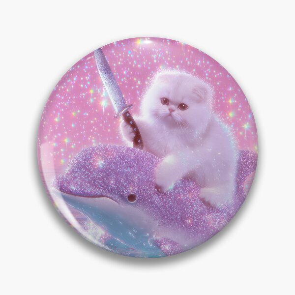 Item preview, White Fluffy Cat Riding Sparkly Dolphin with Knife - Stabby Cat Fantasy Adventure Art designed and sold by Starcrimedesign.