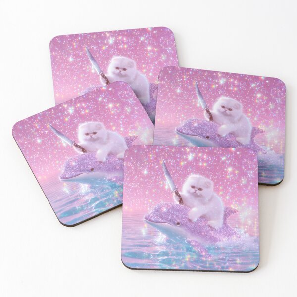Item preview, White Fluffy Cat Riding Sparkly Dolphin with Knife - Stabby Cat Fantasy Adventure Art designed and sold by Starcrimedesign.