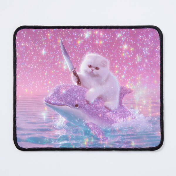Item preview, White Fluffy Cat Riding Sparkly Dolphin with Knife - Stabby Cat Fantasy Adventure Art designed and sold by Starcrimedesign.