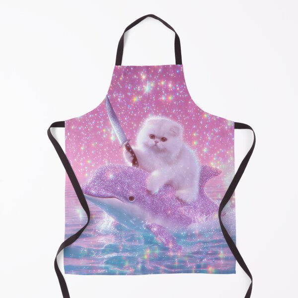 Item preview, White Fluffy Cat Riding Sparkly Dolphin with Knife - Stabby Cat Fantasy Adventure Art designed and sold by Starcrimedesign.