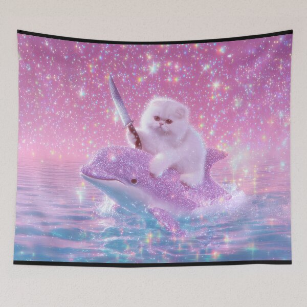 Item preview, White Fluffy Cat Riding Sparkly Dolphin with Knife - Stabby Cat Fantasy Adventure Art designed and sold by Starcrimedesign.