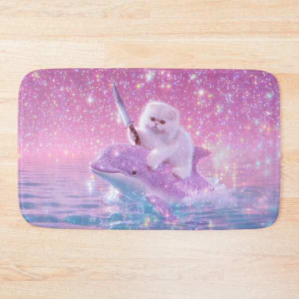Item preview, White Fluffy Cat Riding Sparkly Dolphin with Knife - Stabby Cat Fantasy Adventure Art designed and sold by Starcrimedesign.