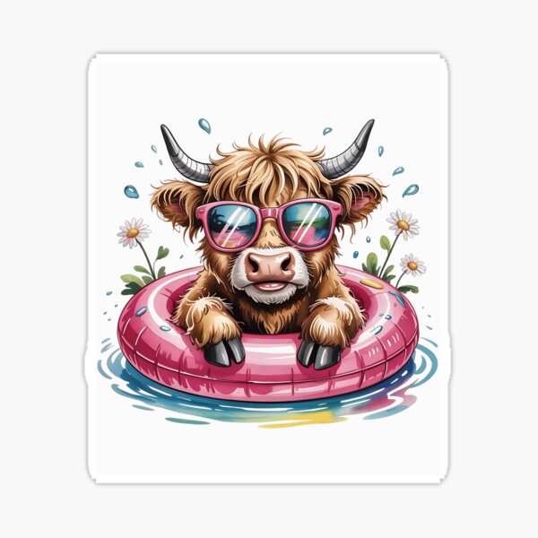 Item preview, Cute Highland Cow in Pink Floatie with Sunglasses and Daisies designed and sold by YoriTeeShop.