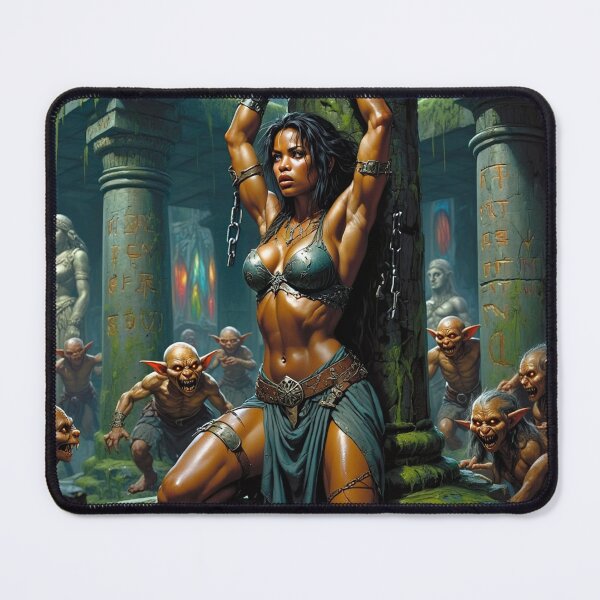 Item preview, Fantasy RPG artwork Black Haired Warrior woman chained against a pillar designed and sold by Vintage Designs +.