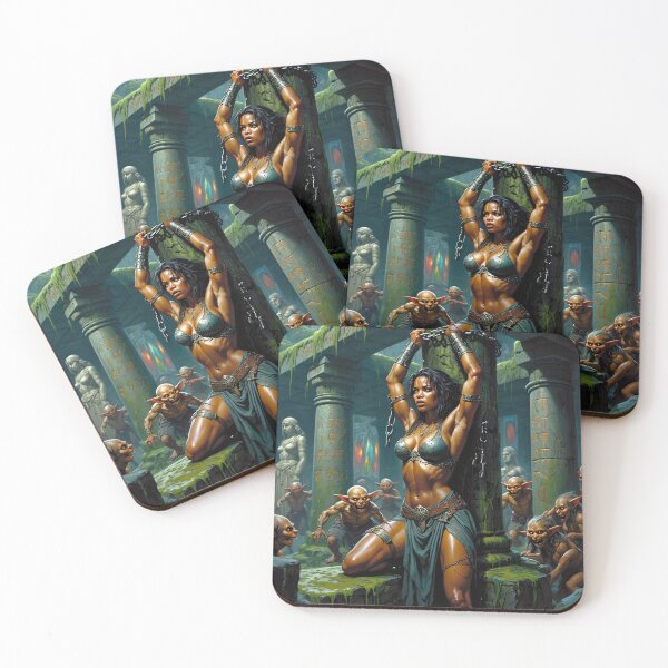 Item preview, Fantasy RPG artwork Black Haired Warrior woman chained against a pillar designed and sold by Vintage Designs +.