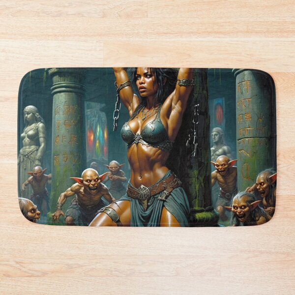 Item preview, Fantasy RPG artwork Black Haired Warrior woman chained against a pillar designed and sold by Vintage Designs +.
