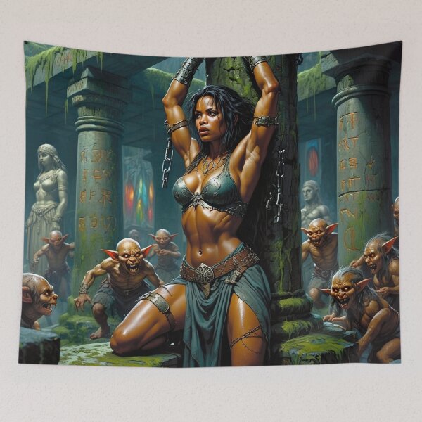 Item preview, Fantasy RPG artwork Black Haired Warrior woman chained against a pillar designed and sold by Vintage Designs +.