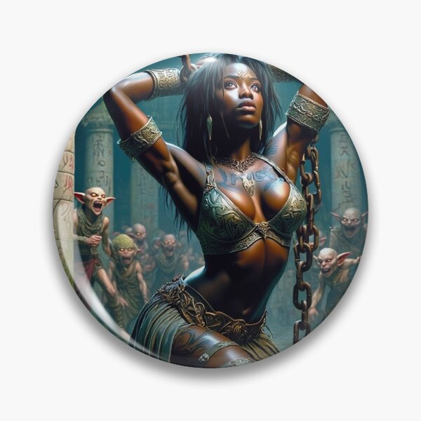 Item preview, Fantasy RPG artwork Black Haired Warrior woman chained designed and sold by Vintage Designs +.
