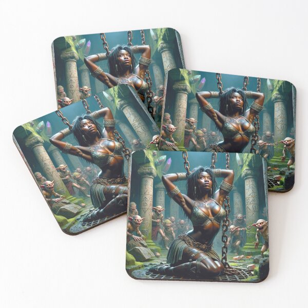 Item preview, Fantasy RPG artwork Black Haired Warrior woman chained designed and sold by Vintage Designs +.
