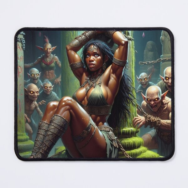 Item preview, Fantasy RPG artwork Black Haired Warrior woman chained against a pillar designed and sold by Vintage Designs +.