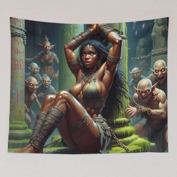 Item preview, Fantasy RPG artwork Black Haired Warrior woman chained against a pillar designed and sold by Vintage Designs +.
