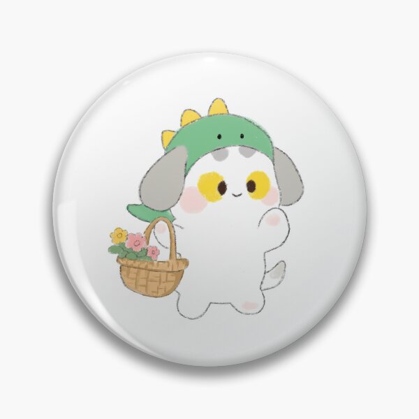 Item preview, Poonew the Chubby White Dog in Dinosaur Hat with Flower Basket | Cute Whimsical Dog Art designed and sold by Neiomi.