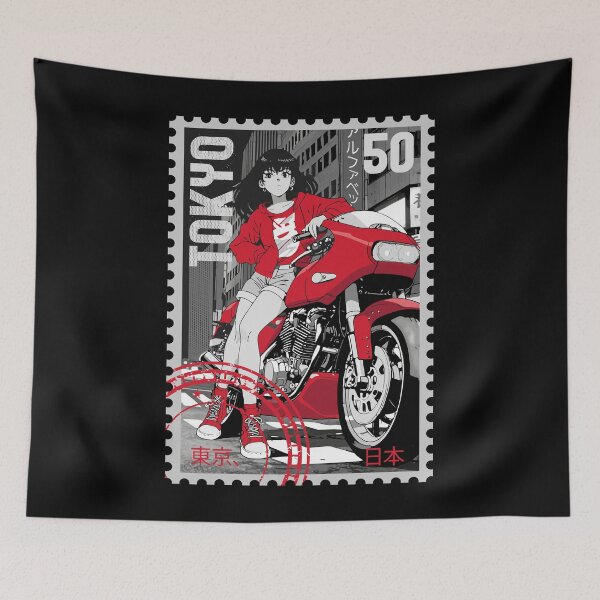 Item preview, Stamp of a girl in a red jacket on a red motorcycle in Tokyo, Japan designed and sold by StellarBees.