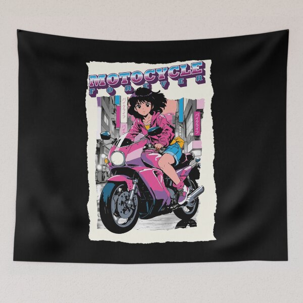 Item preview, Motorcycle Forever, anime girl in fuchsia on her pink motorcycle designed and sold by StellarBees.