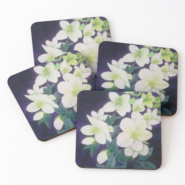 Item preview, White hellebores watercolour painting with a dark background.  designed and sold by esvb.