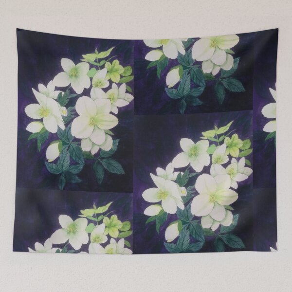 Item preview, White hellebores watercolour painting with a dark background.  designed and sold by esvb.