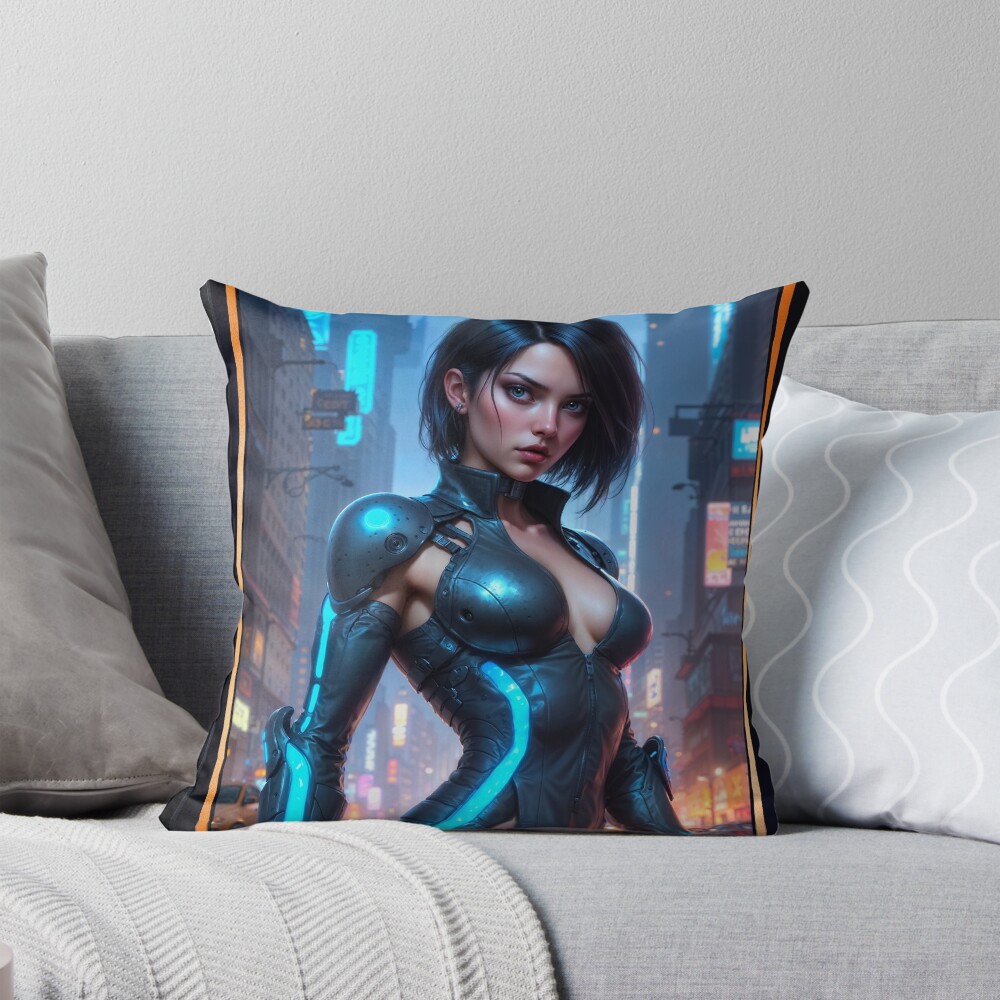 The Mysterious Lyzeria Zareen Decoding A Cyberpunk Cityscape AI Concept Art by Xzendor7 | Her Blue Allure Is Stunning 4 Mysterious Lyzeria Zareen Decoding A Cyberpunk Cityscape Striking AI Concept Art by Xzendor7 Decorative Art Print Throw Pillow