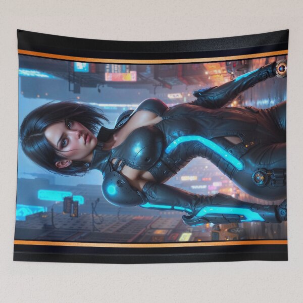 Item preview, Mysterious Lyzeria Zareen Decoding A Cyberpunk Cityscape Striking AI Concept Art by Xzendor7 designed and sold by Xzendor7 Digital Art Creations.