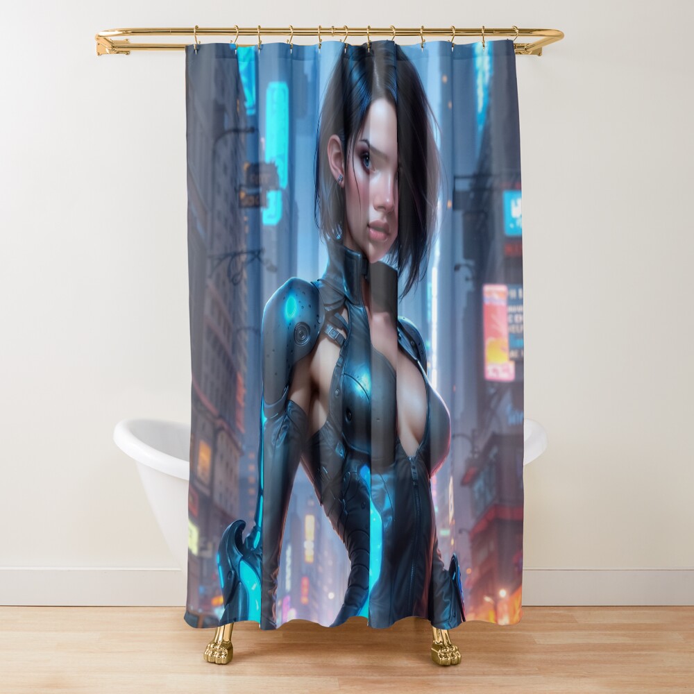 The Mysterious Lyzeria Zareen Decoding A Cyberpunk Cityscape AI Concept Art by Xzendor7 | Her Blue Allure Is Stunning 3 Mysterious Lyzeria Zareen Decoding A Cyberpunk Cityscape Striking AI Concept Art by Xzendor7 Decorative Art Print Shower Curtain