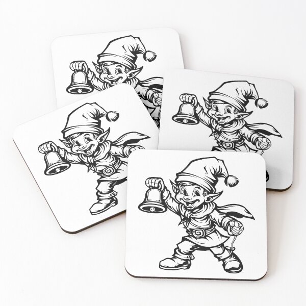 Item preview, Cheerful Christmas Elf with Bell – Vintage Holiday Cartoon in Black and White designed and sold by inkoutninja.