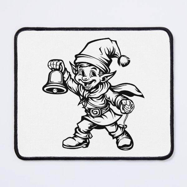 Item preview, Cheerful Christmas Elf with Bell – Vintage Holiday Cartoon in Black and White designed and sold by inkoutninja.