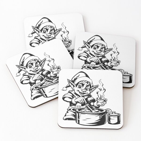 Item preview, Christmas Elf Cooking – Whimsical Holiday Chef Illustration in Black and White designed and sold by inkoutninja.