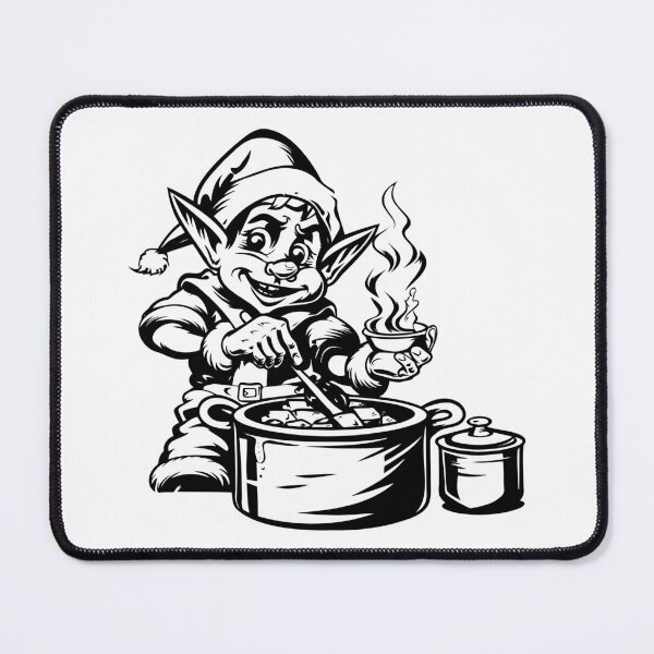 Item preview, Christmas Elf Cooking – Whimsical Holiday Chef Illustration in Black and White designed and sold by inkoutninja.