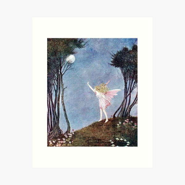 Vista previa del artículo con la obra «Atrapando la luna en una cuerda de gotas de rocío - Fairyland - Ida Rentoul Outhwaite», diseñado y vendido por forgottenbeauty.