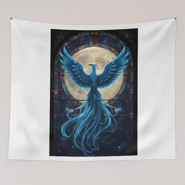 Item preview, Stained Glass Blue Phoenix, Mythical Creature, Fantasy Animal designed and sold by The Dream Lab.
