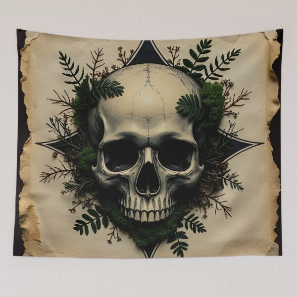 Item preview, Intricately Designed Skull Art with Natural Floral Elements on Aged Paper designed and sold by Rue Market.