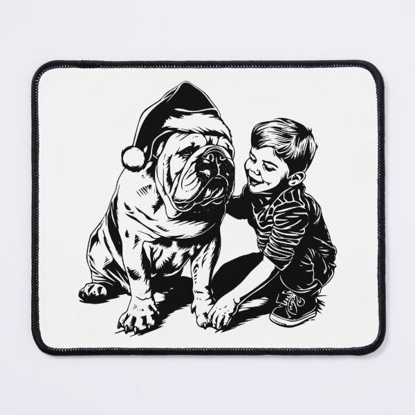 Item preview, Boy and Bulldog with Santa Hat – Heartwarming Christmas Pet Illustration in Black and White designed and sold by inkoutninja.