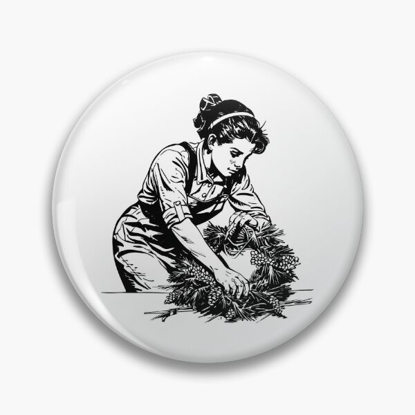 Item preview, Woman Making Christmas Wreath – Vintage Holiday Craft Illustration in Black and White designed and sold by inkoutninja.