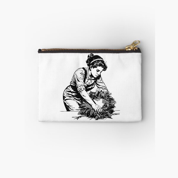 Item preview, Woman Making Christmas Wreath – Vintage Holiday Craft Illustration in Black and White designed and sold by inkoutninja.