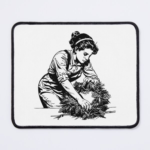 Item preview, Woman Making Christmas Wreath – Vintage Holiday Craft Illustration in Black and White designed and sold by inkoutninja.