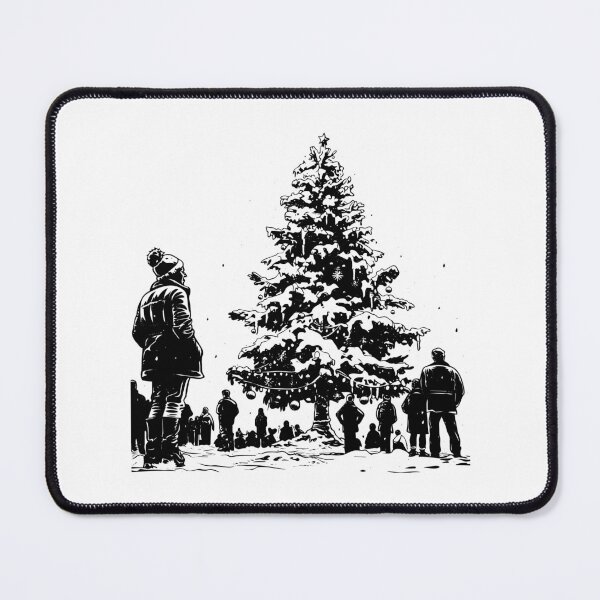 Item preview, Community Around Christmas Tree – Festive Winter Gathering Illustration in Black and White designed and sold by inkoutninja.