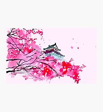 Japanese Temple and Plum Tree Pink Photographic Print