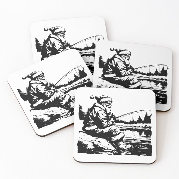 Item preview, Santa Claus Fishing – Whimsical Holiday Outdoors Illustration in Black and White designed and sold by inkoutninja.