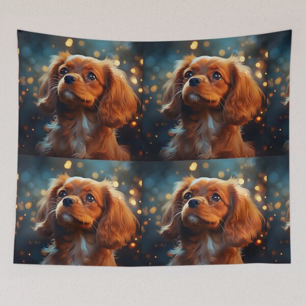 Item preview, An image of a very cute ruby Cavalier King Charles Spaniel puppy looking into a starry sky in the style of charming and playful designed and sold by AI-Only Creations.
