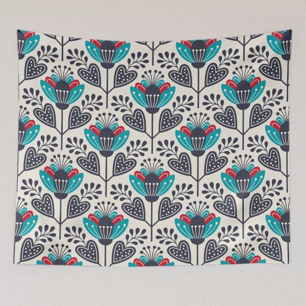 Item preview, Playful Scandinavian flowers pattern, blue red (3474B) designed and sold by RouCouCou.