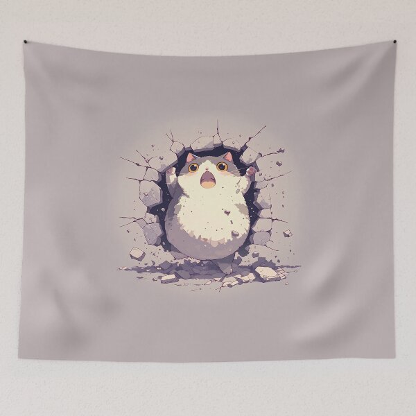 Item preview, Chubby Cat Breaks Through Wall – Cute Comic Explosion designed and sold by Windy-market.