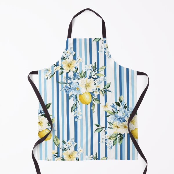 Item preview, Striped Lemons Blossoms – Blue and White Vertical Floral Lemon Pattern designed and sold by EmeraldeaArt.