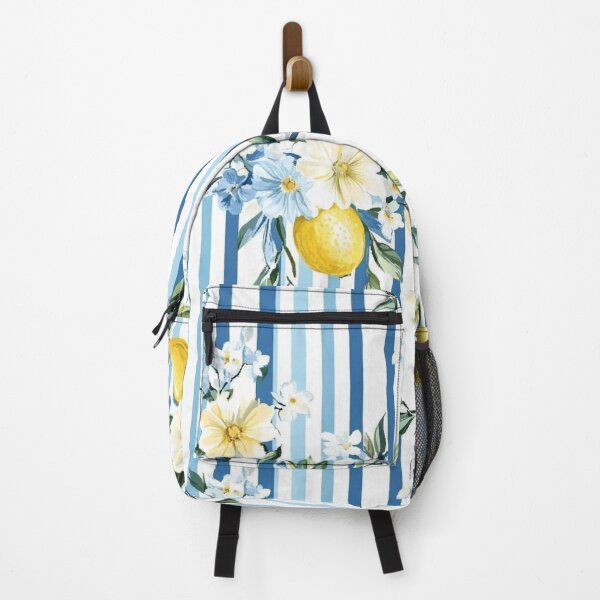 Item preview, Striped Lemons Blossoms – Blue and White Vertical Floral Lemon Pattern designed and sold by EmeraldeaArt.