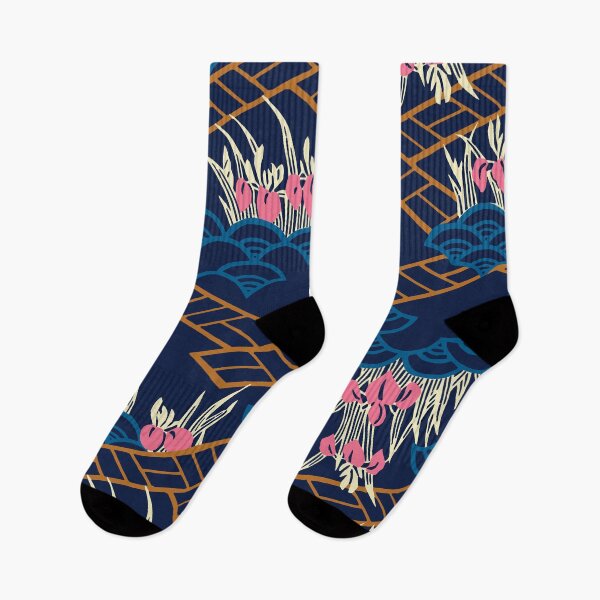 Item preview, Japanese landscape with iris flowers and waves - seamless vintage pattern designed and sold by Japan Design Prints.