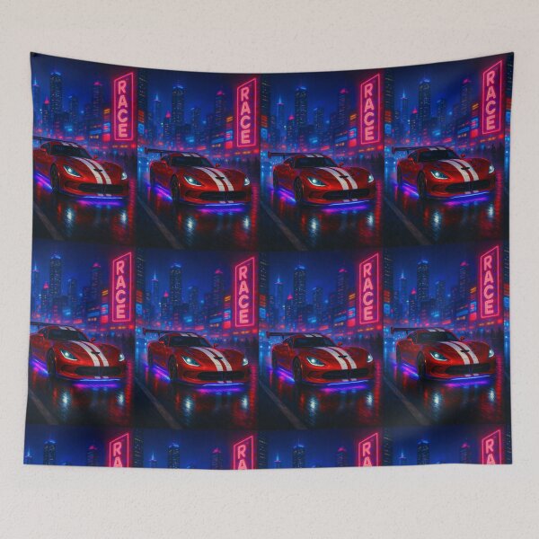 Item preview, Retro Futuristic Coupe Charging Through Vibrant Techno City Rain designed and sold by RevUpDesign.