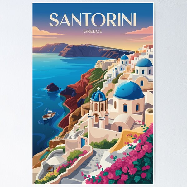 Item preview, Santorini Greece Blue Dome Travel Art Vintage designed and sold by KrisSidDesigns.