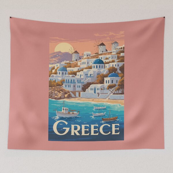 Item preview, Greece Mykonos Illustration Travel Art Vintage designed and sold by KrisSidDesigns.