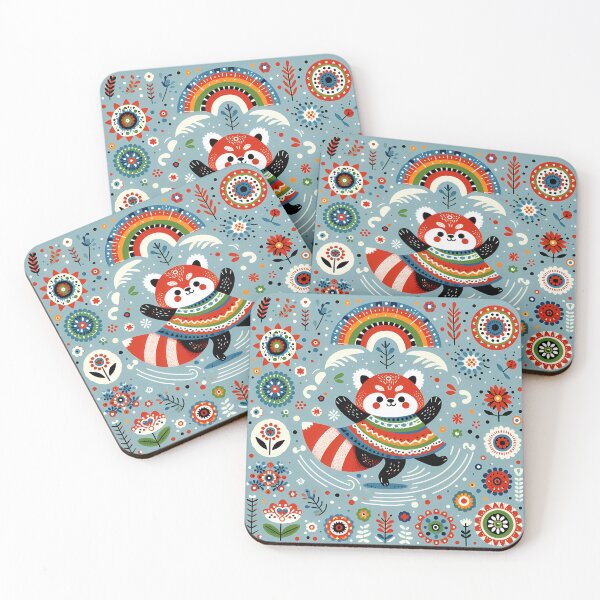 Item preview, Cute Dancing Red Panda with Rainbow and Flowers - Scandinavian Folk Art by heidiannemorris © designed and sold by FOLK ART FUSION by heidiannemorris.