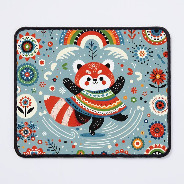 Item preview, Cute Dancing Red Panda with Rainbow and Flowers - Scandinavian Folk Art by heidiannemorris © designed and sold by FOLK ART FUSION by heidiannemorris.