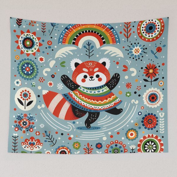 Item preview, Cute Dancing Red Panda with Rainbow and Flowers - Scandinavian Folk Art by heidiannemorris © designed and sold by FOLK ART FUSION by heidiannemorris.