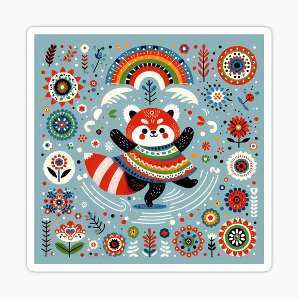 Vista previa del artículo con la obra «Lindo panda rojo bailando con arcoíris y flores - Arte popular escandinavo de heidiannemorris ©», diseñado y vendido por FOLK ART FUSION by heidiannemorris.